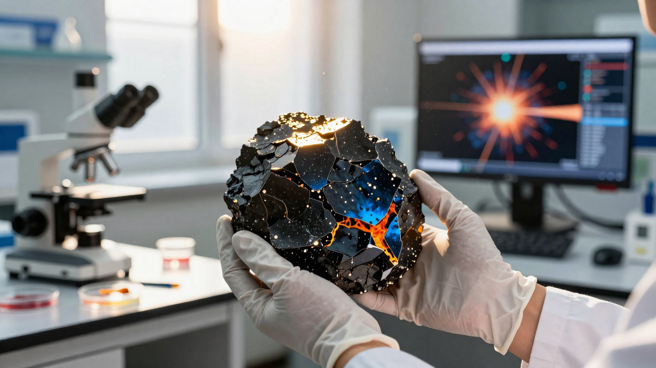 Scientist wearing gloves holding a cracked black and blue glowing model in a laboratory with microscope and monitor.