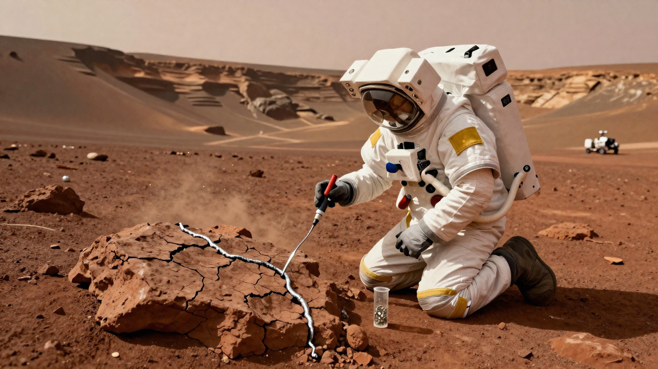 Astronaut in white suit kneeling and examining cracked rock on reddish barren Martian landscape with rover in distance.