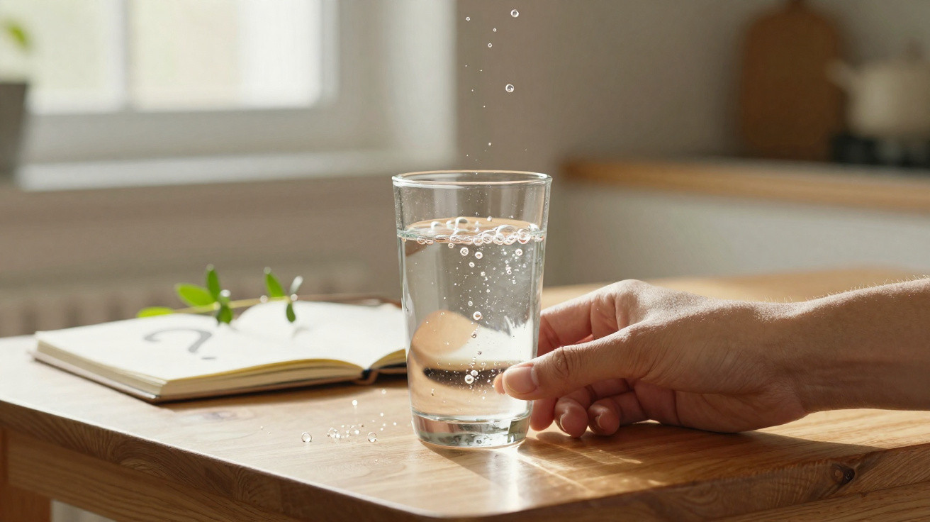 Hand holding a glass of water on a wooden table with an open notebook and plant in the background.
