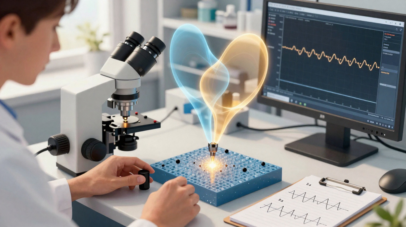 Scientist analysing laboratory data with microscope, heart-shaped holograms, and ECG graphs on screen and clipboard.