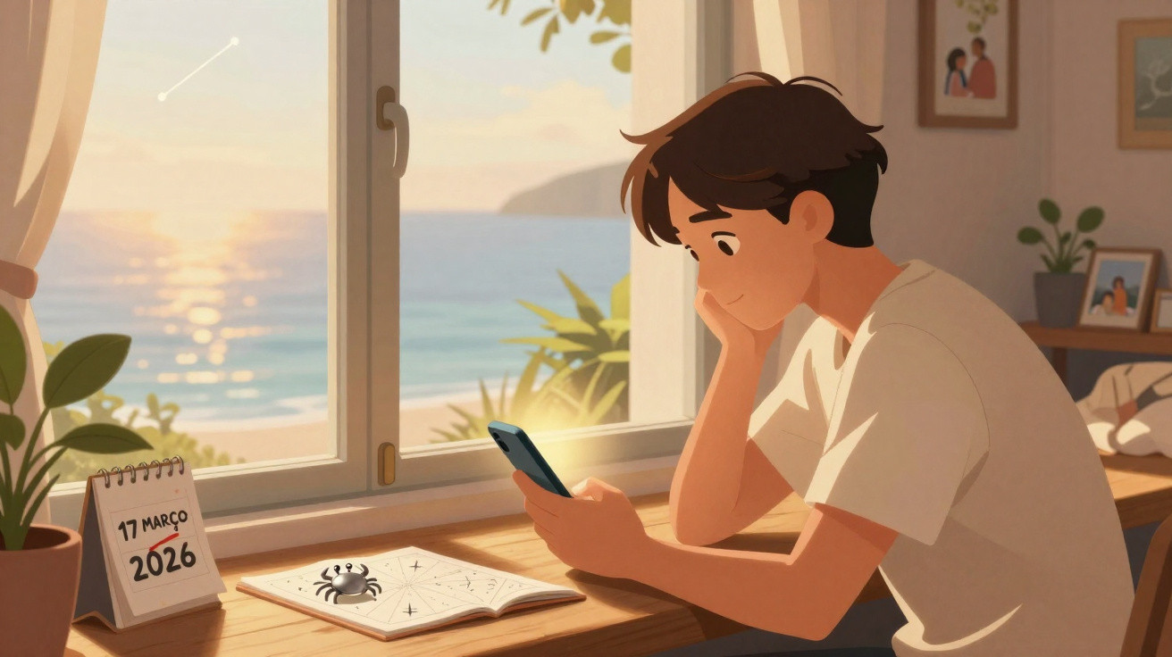 Young man sitting by a window at sunset, looking at his phone with an open notebook, calendar, and small crab on the desk.