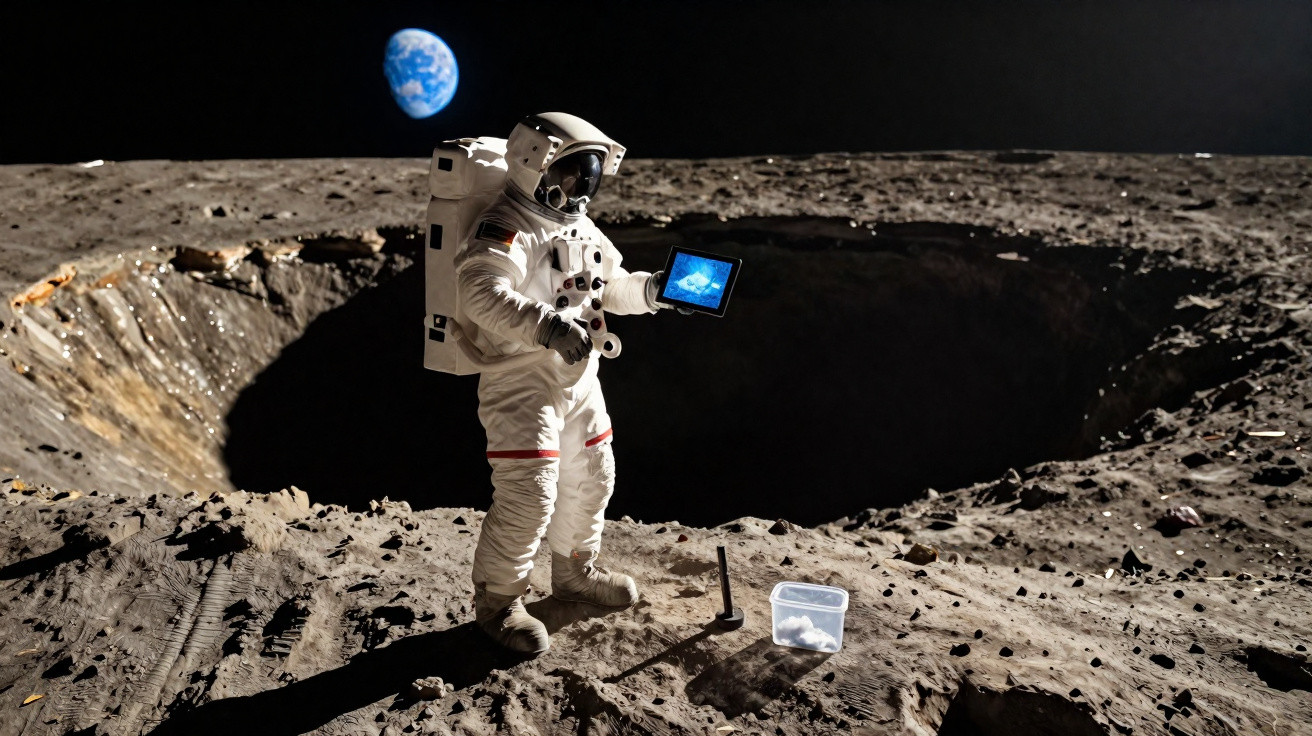 Astronaut on the moon holding a tablet with Earth visible in the black sky above a large crater.