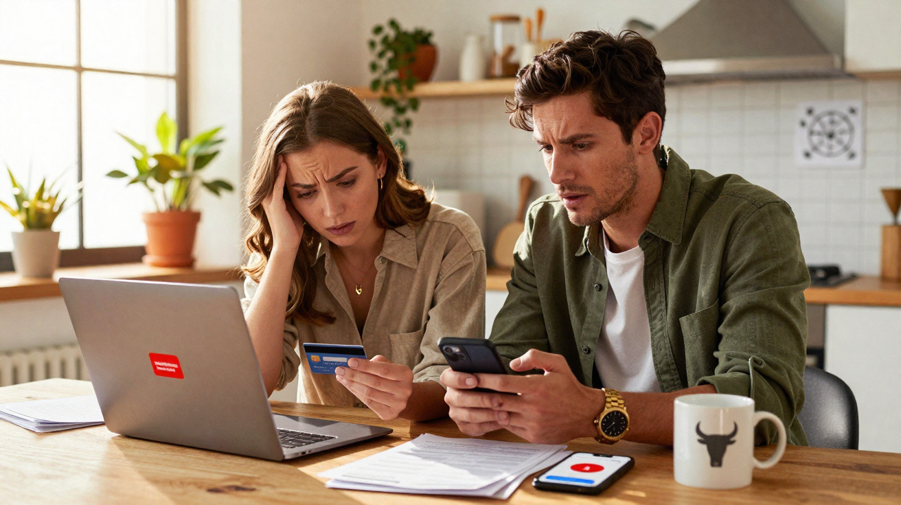 Worried young couple using laptop, credit card and phone in kitchen, managing bills and finances.
