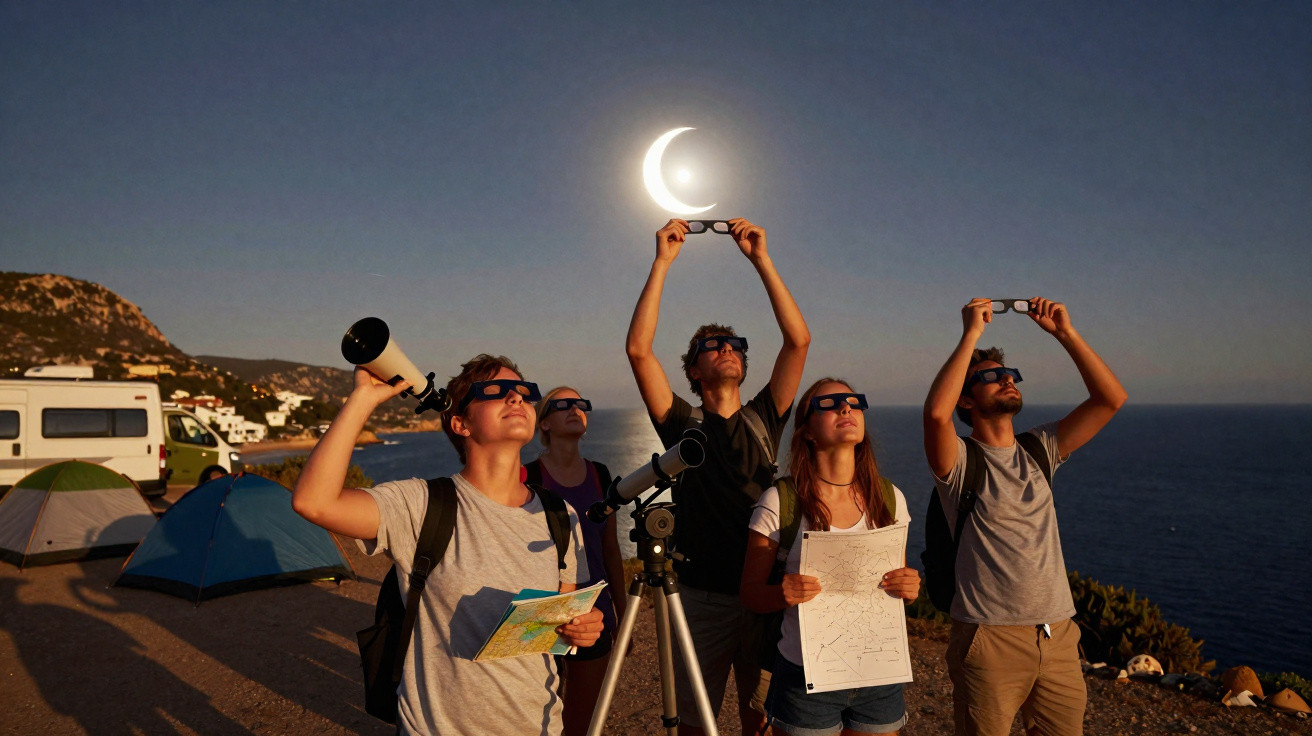 Group of people using eclipse glasses and a telescope to view a solar eclipse near the coast at sunset