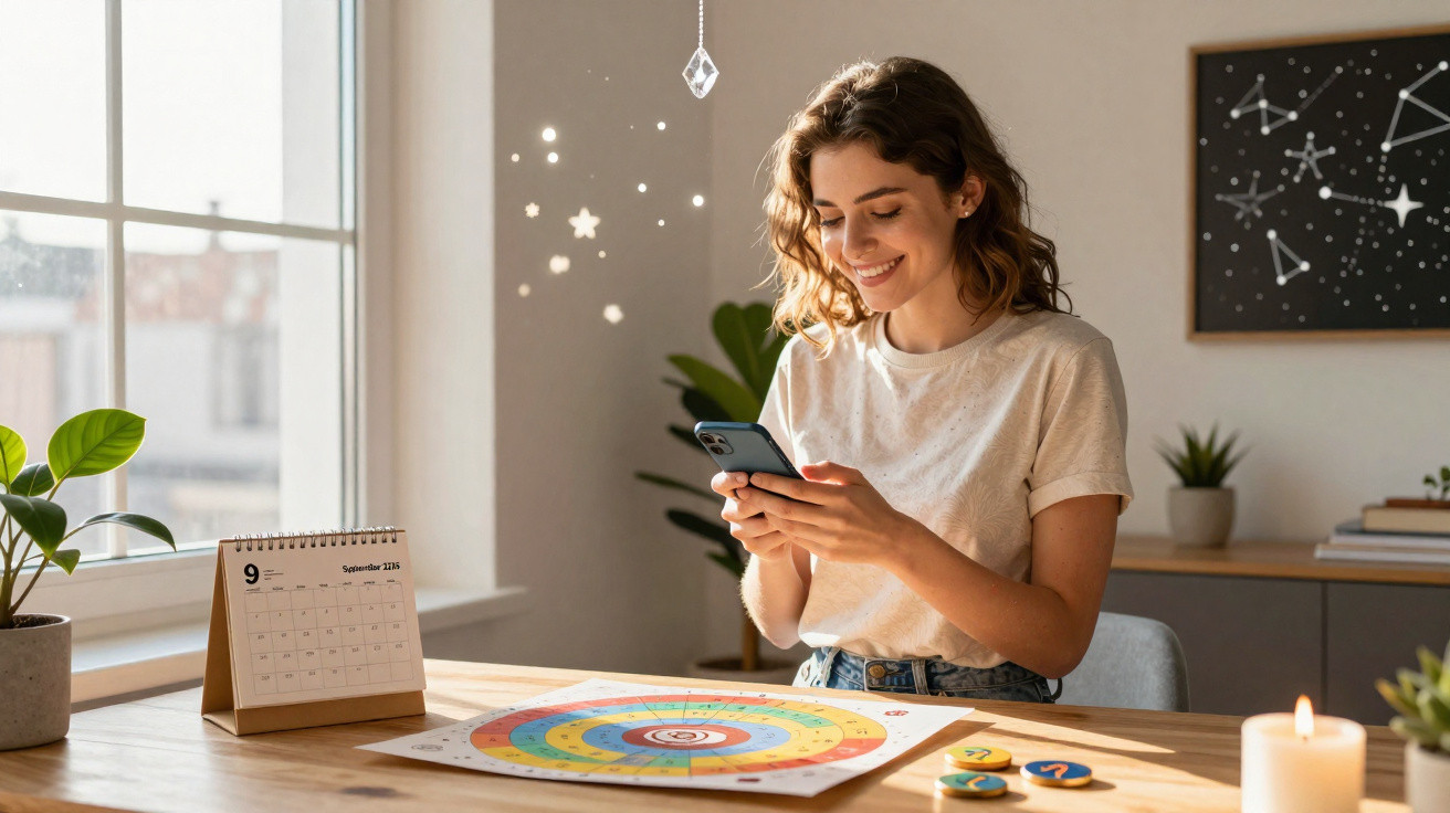 Young woman smiling at phone sitting at table with colourful target chart, candle, plants, and calendar in bright room