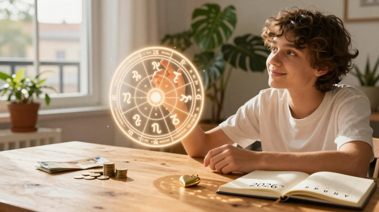 Teenager sitting at a table interacting with a glowing zodiac wheel projection in a bright room.