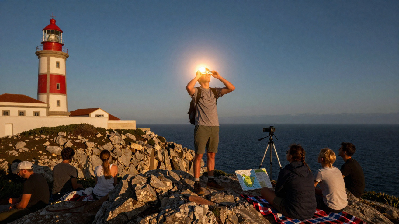 Group of people on rocky coast near lighthouse at sunset, one person holding bright light to head, camera on tripod nearby.