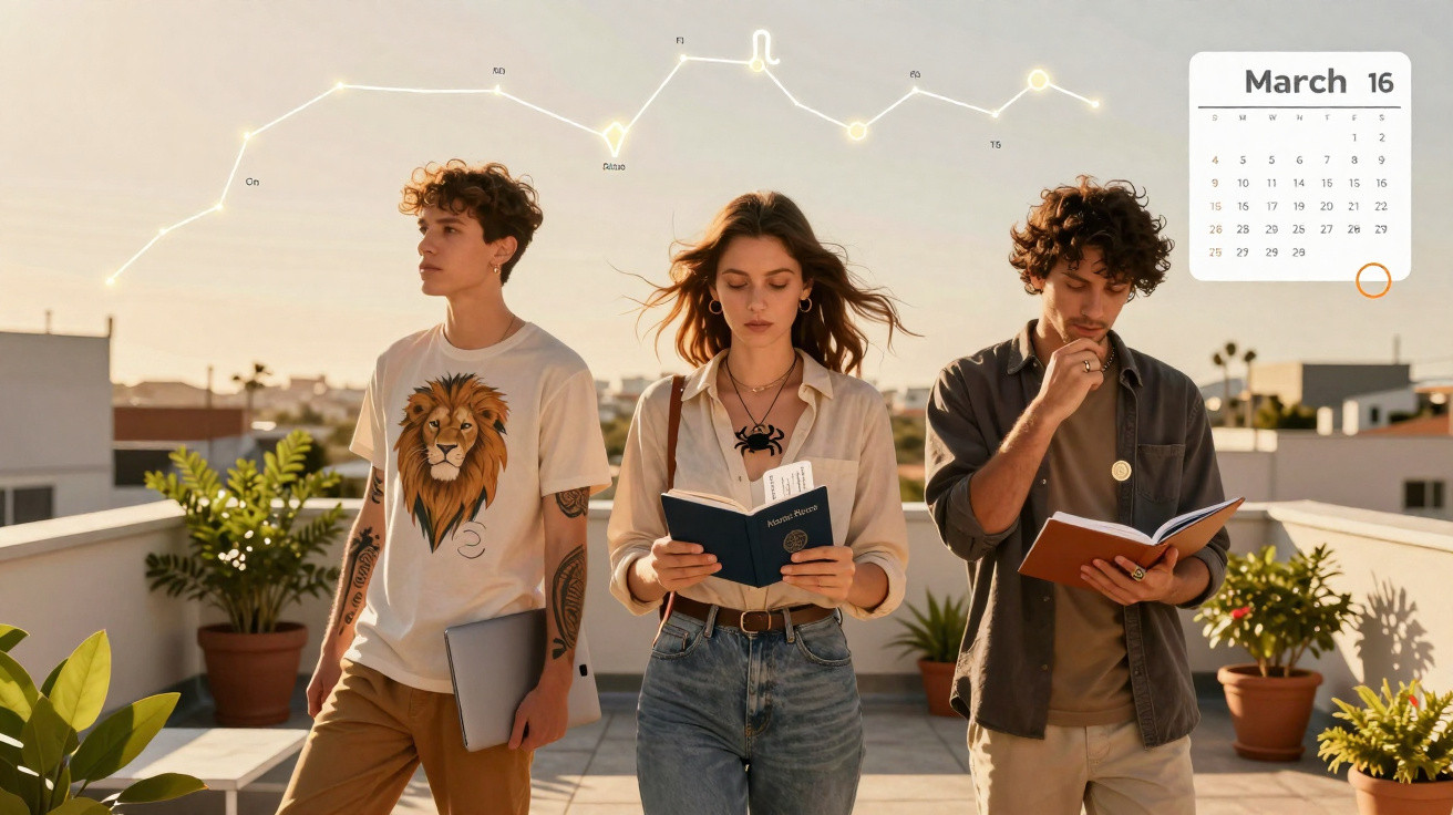 Three young adults reading books outdoors on a rooftop with a calendar showing March 16 in the background.