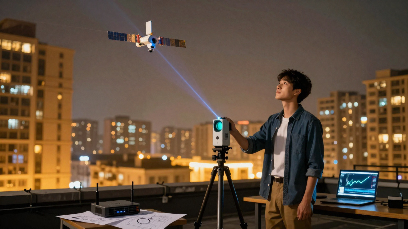 Man using a laser device tracking a satellite on a rooftop at night in an urban setting