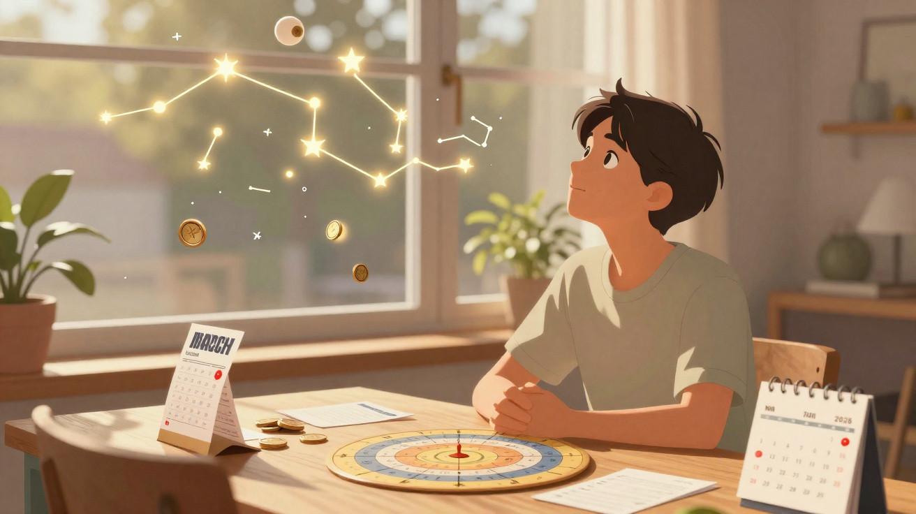 Young person sitting at a table looking at glowing zodiac constellations and coins floating near a March calendar.