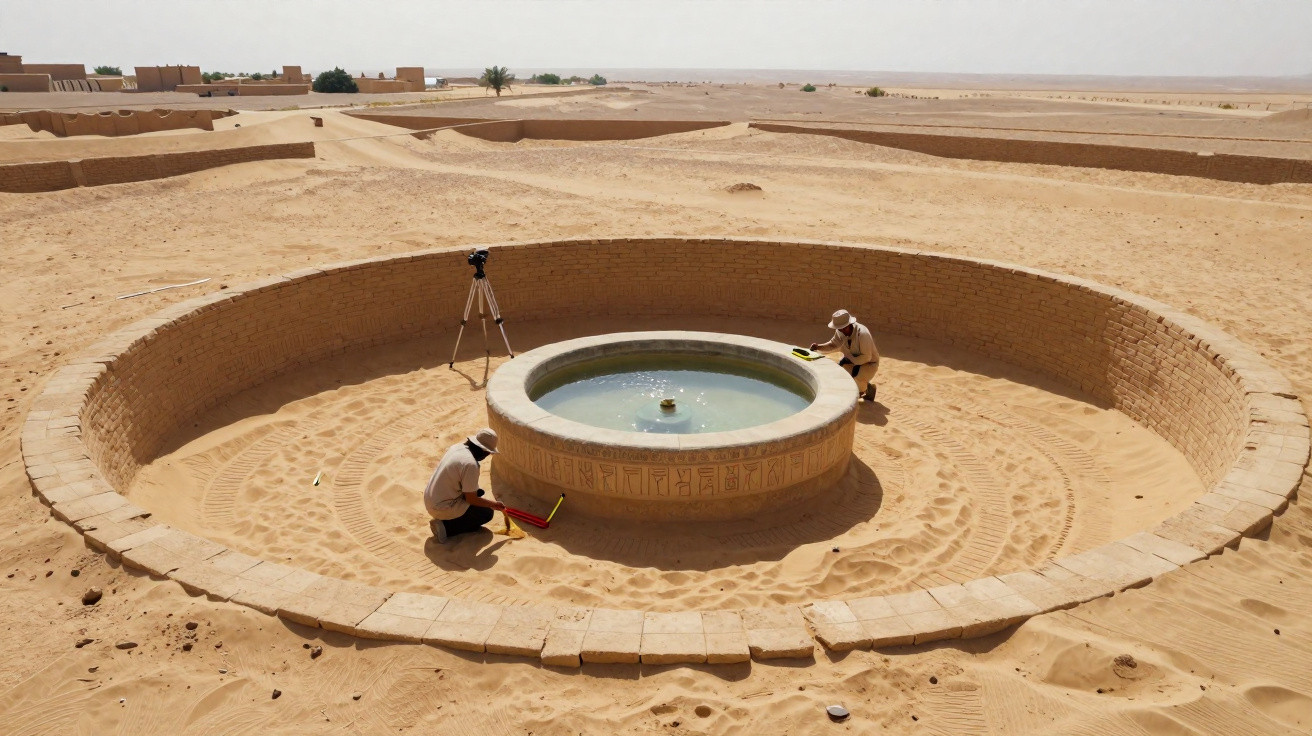 Two archaeologists examine a circular ancient water reservoir in a sandy desert excavation site.