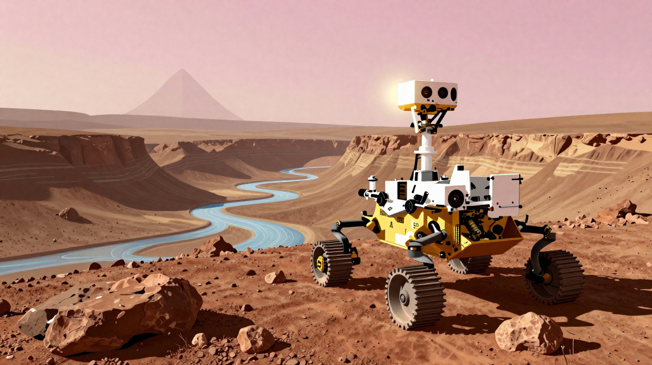 Mars rover exploring a rocky canyon with a winding river under a pink sky and distant pyramid-shaped mountain.