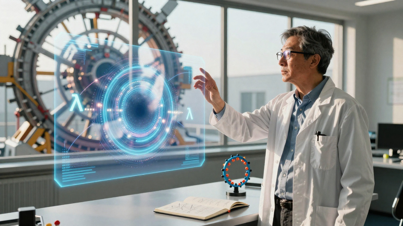 Scientist in lab coat interacting with a futuristic holographic interface in a modern laboratory.
