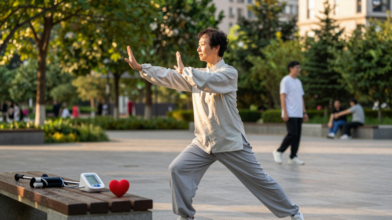 Middle-aged person practising Tai Chi outdoors near blood pressure monitor and heart model on bench.