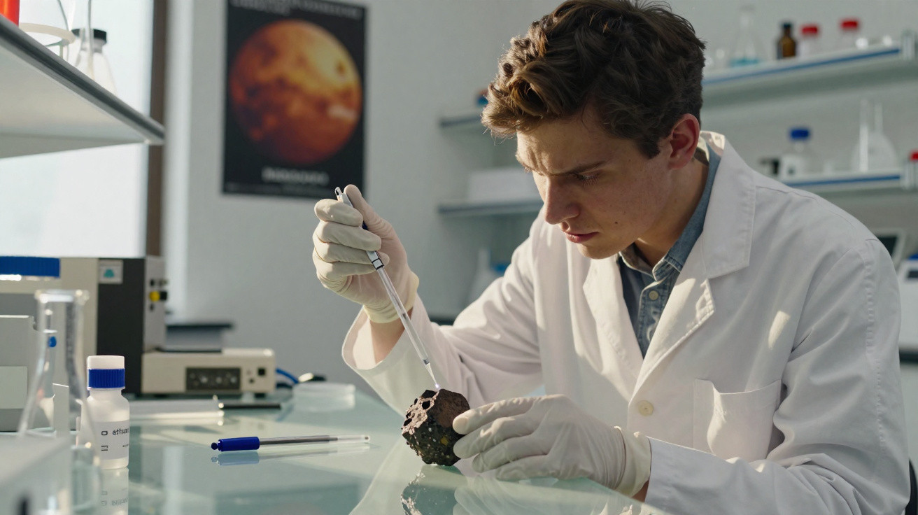 Scientist in lab coat and gloves examining a rock sample with a dropper in a laboratory setting.