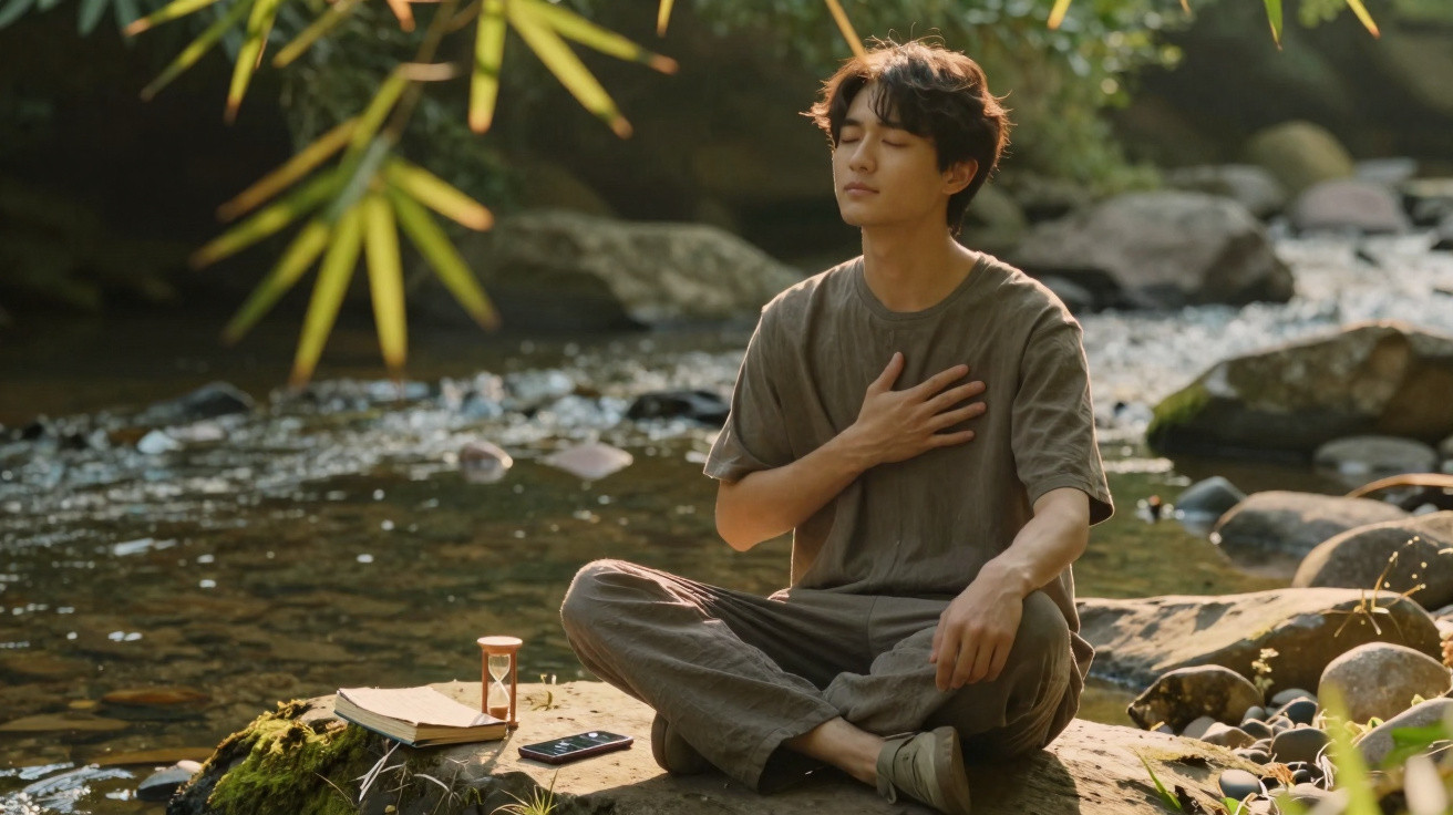 Young man meditating by a riverbank with eyes closed, hand on chest, surrounded by nature and sunlight.