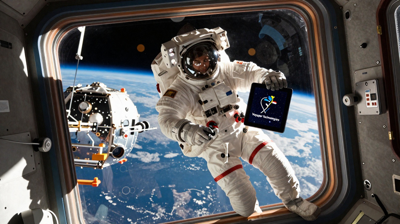 Astronaut in space suit floating outside a spacecraft window, Earth visible in the background.