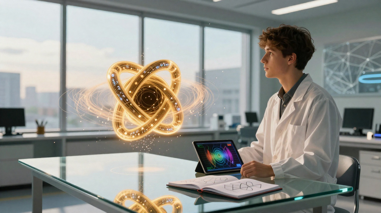 Young scientist in lab coat observing a glowing atomic model hologram in a modern laboratory.