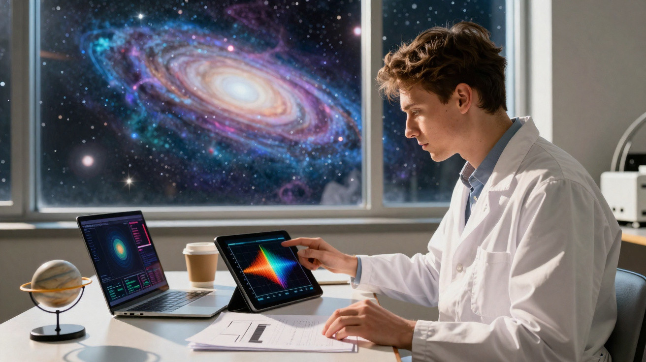 Scientist in lab coat analysing data on tablet and laptop with galaxy visible through window behind him.