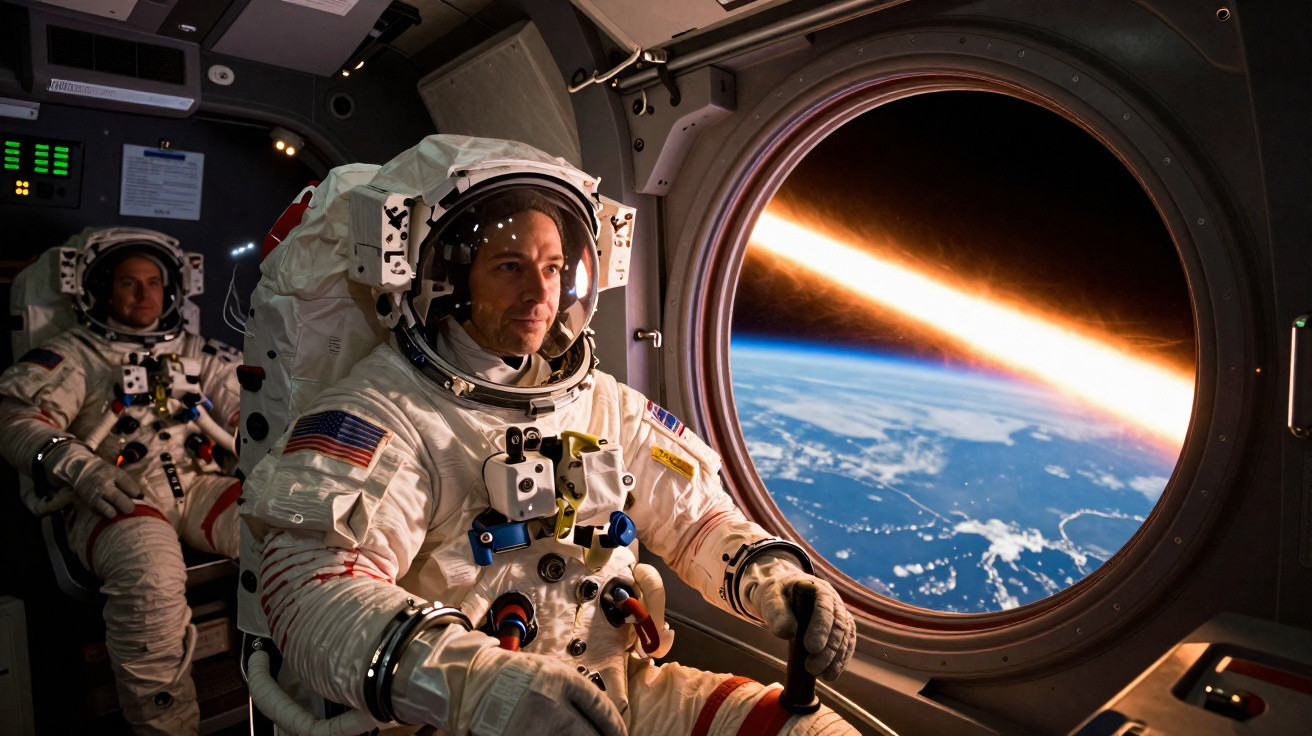 Two astronauts in space suits inside a spacecraft, one looking out a window at Earth and a bright streak.