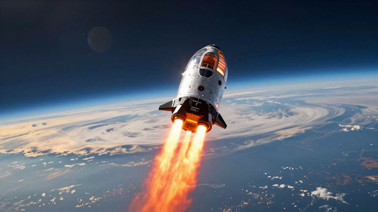 Rocket spacecraft blasting off above Earth with fiery thrusters and view of atmosphere and clouds below.