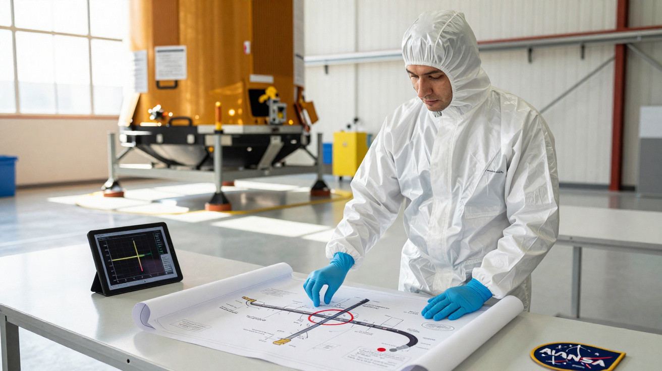 Engineer in cleanroom suit examining spacecraft schematic on a table with NASA logo and tablet nearby