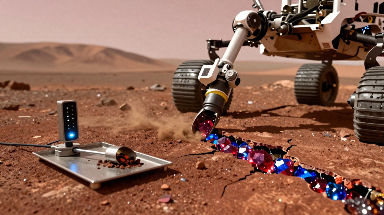 Mars rover arm digging into cracked soil, revealing glowing blue and red crystals beneath the surface.