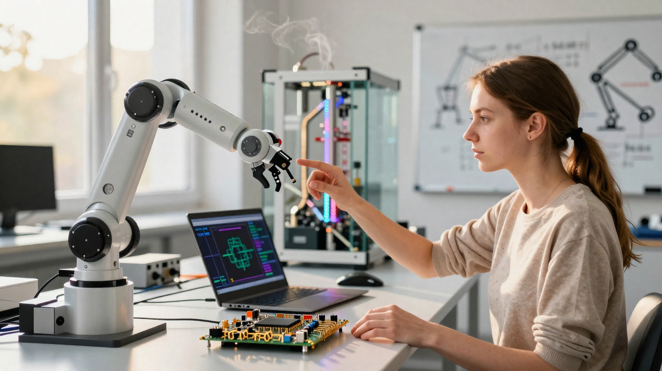 Woman interacting with a robotic arm in a tech lab with a laptop and electronic components on the desk.