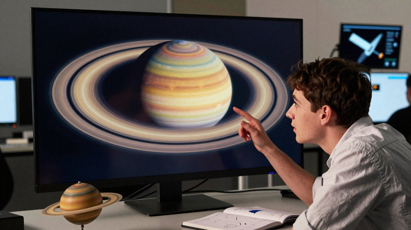 Young man pointing at a detailed image of Saturn's rings on a computer screen with a model of Saturn nearby.