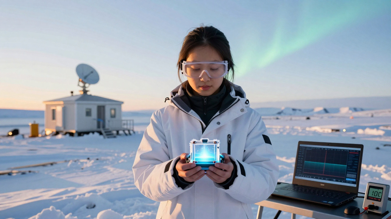 Scientist in winter gear holding a glowing cube with snowy landscape, laptop, and satellite dish in background.