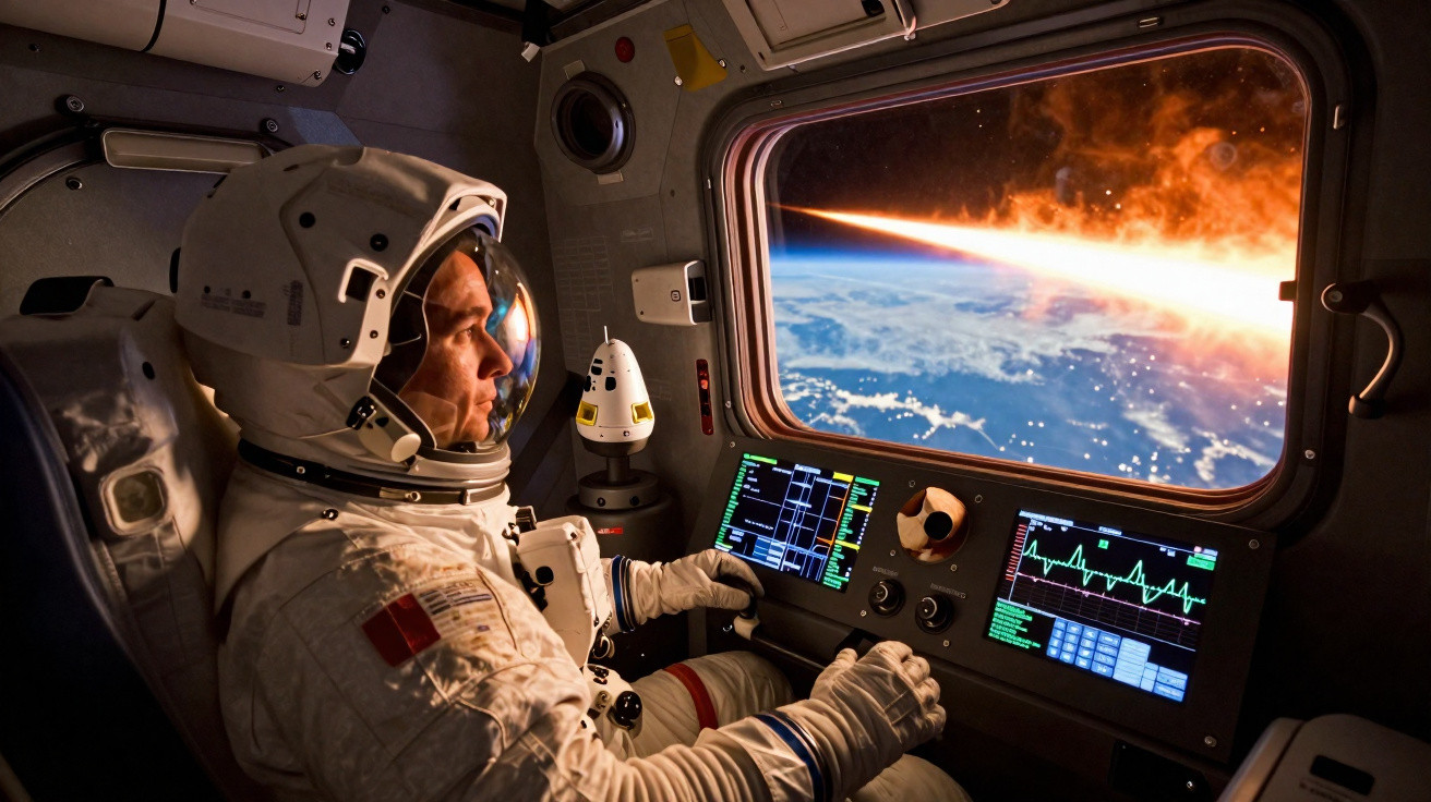 Astronaut in space suit inside spacecraft cockpit watching Earth with fiery atmospheric entry outside window.