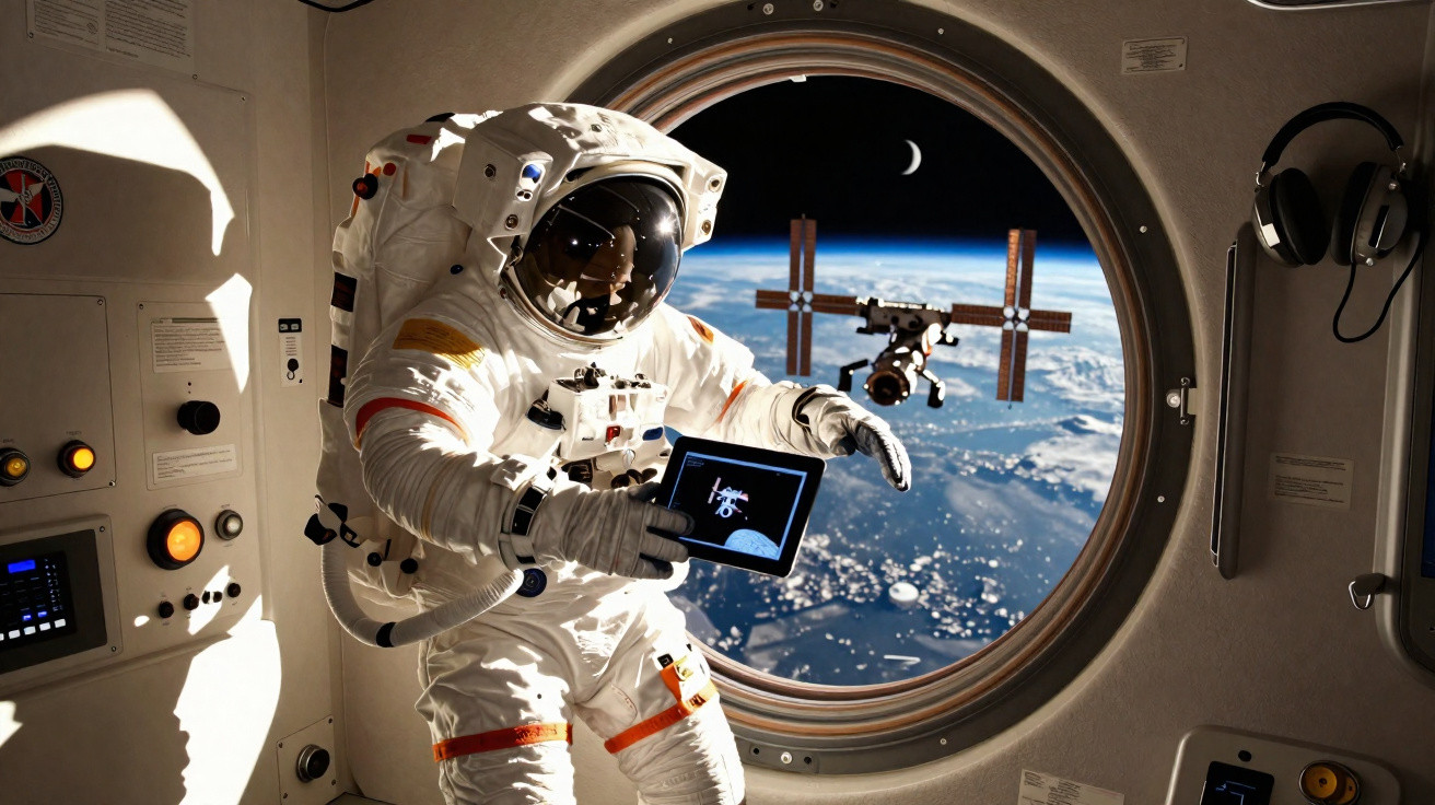 Astronaut holding a tablet inside spacecraft with Earth and space station visible through window.