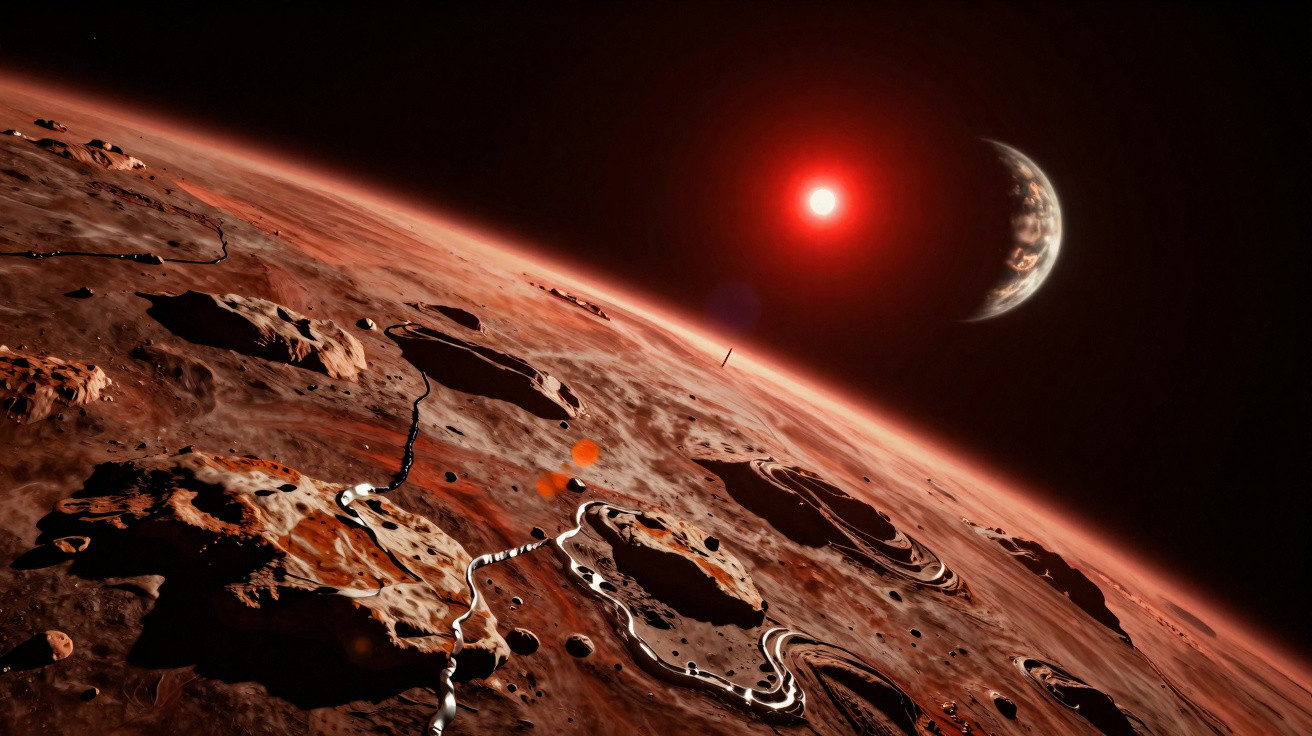 View of Mars surface with craters, a flowing river, Earth and a red sun in the background.