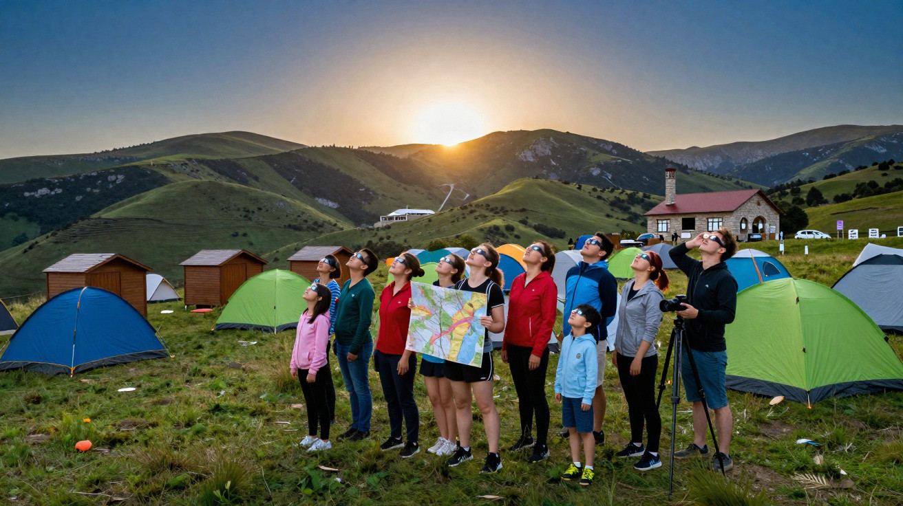 Group of people wearing eclipse glasses looking at the sky during sunset at a campsite in the mountains.