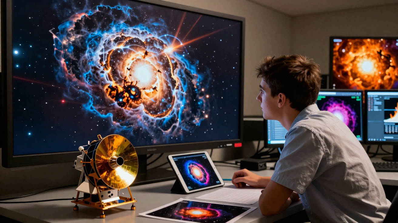 Young man studying a colourful galaxy image on multiple screens in a modern space research lab.