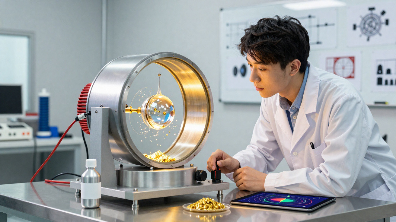 Scientist in lab coat examining gold particles in a metallic suspension device with tablet on table.