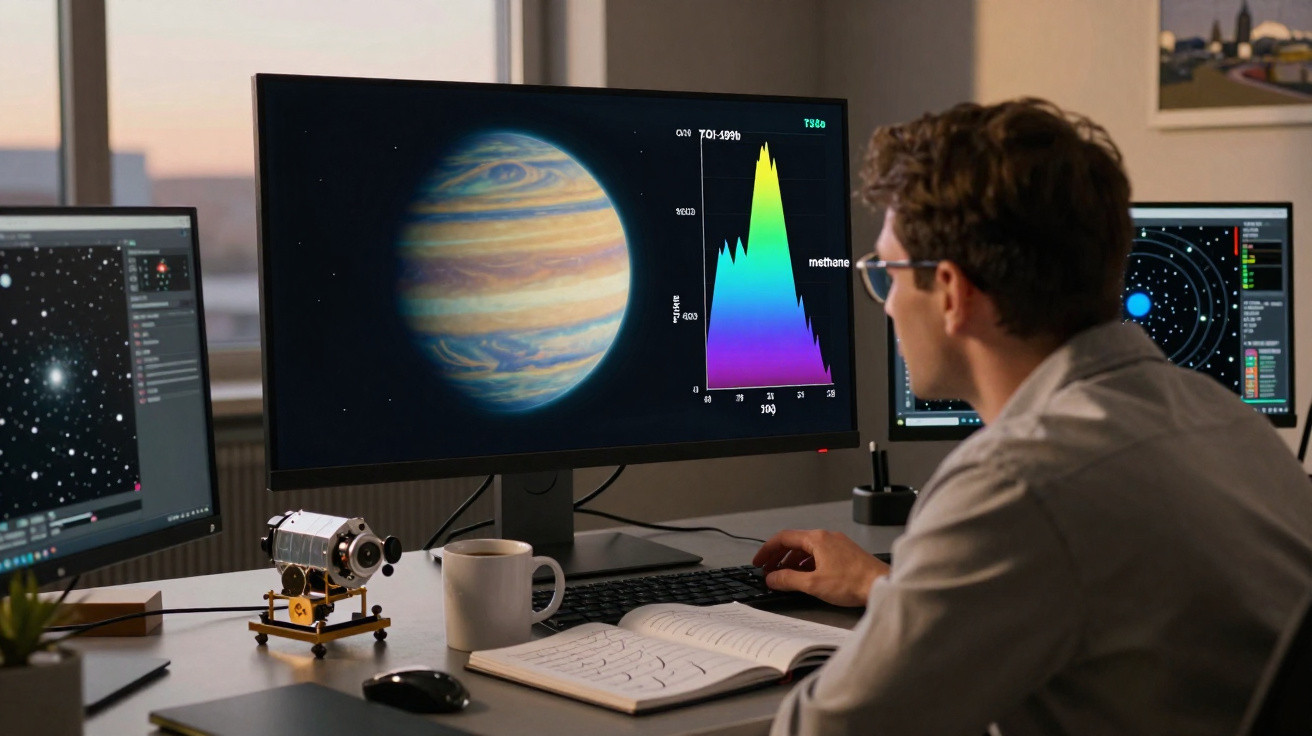 Scientist analysing planet Jupiter images and methane data on computer screens in an office.