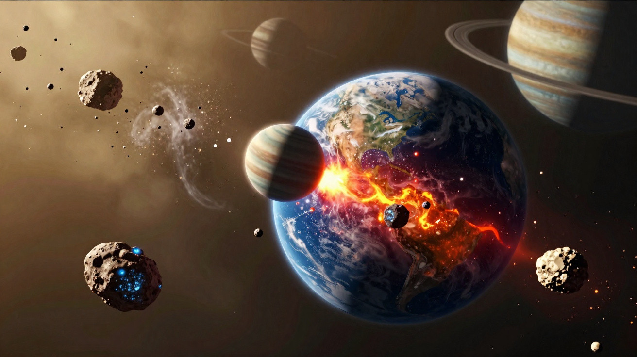 Planet Earth collides with a smaller planet surrounded by asteroids and gas giant planets in space.
