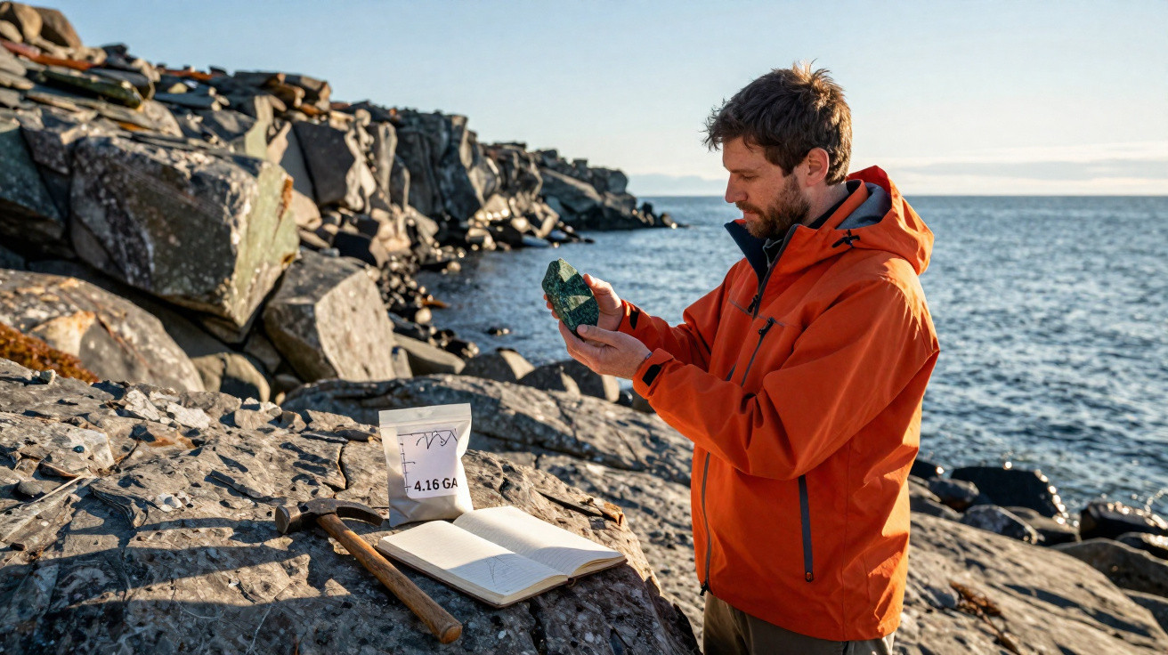 Man in orange jacket examining rock sample on rocky shore with notebook, hammer and labelled bag nearby.