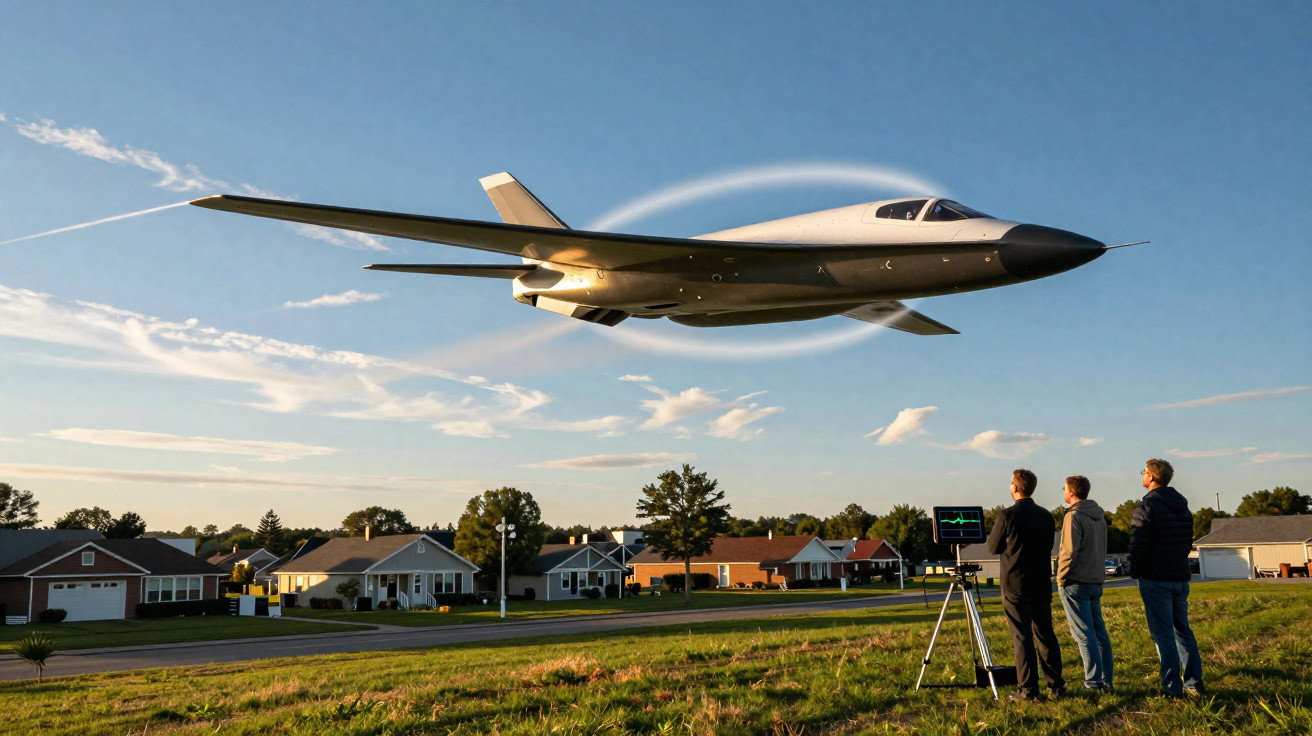 Silent stealth drone flying low over suburban neighbourhood with three observers and monitoring equipment nearby.