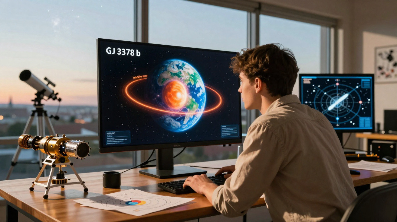 Young astronomer studies exoplanet GJ 3378 b's habitable zone on computer in a modern observatory room.