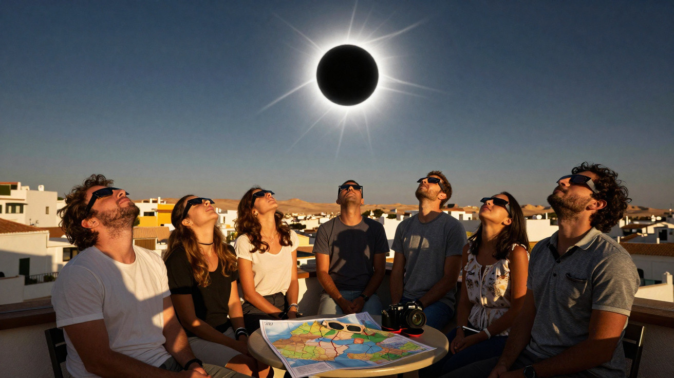 Group of seven people wearing protective glasses watching a total solar eclipse outdoors with a map on the table.