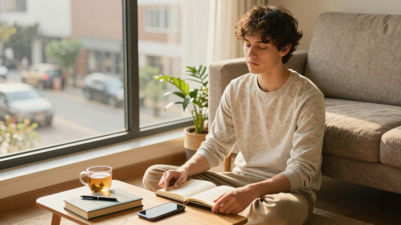 Young person sitting cross-legged by window, reading a book with tea and phone on the table nearby.