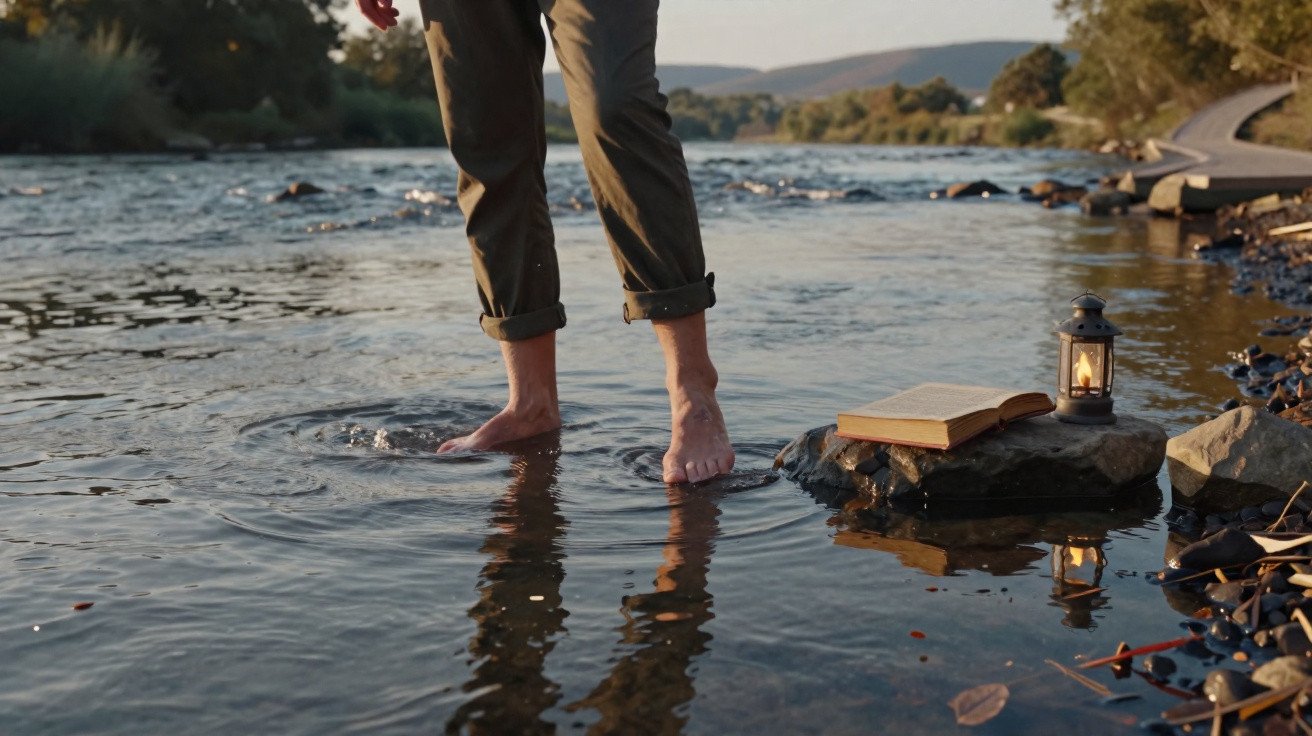 Bare feet of a person standing in shallow river water near an open book and lit lantern on a rock.