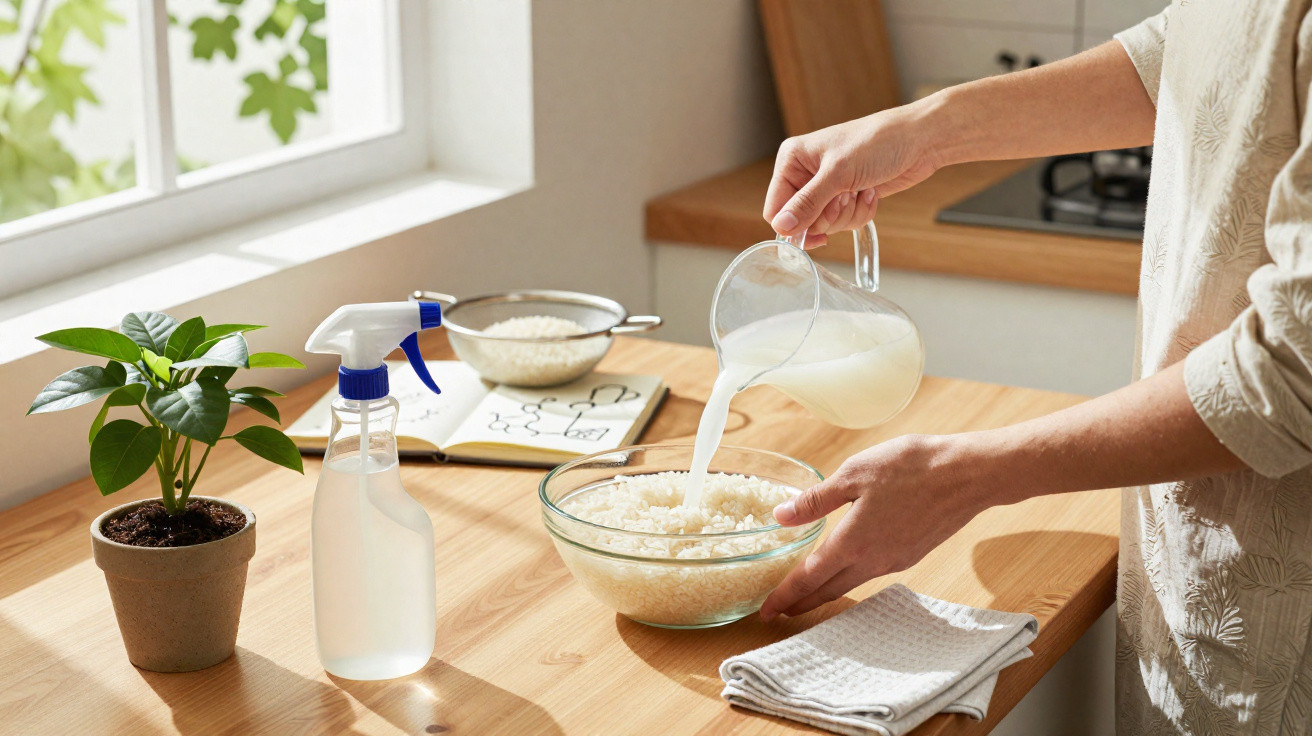 Person pouring liquid into a bowl of rice on a kitchen table with a plant and spray bottle nearby.