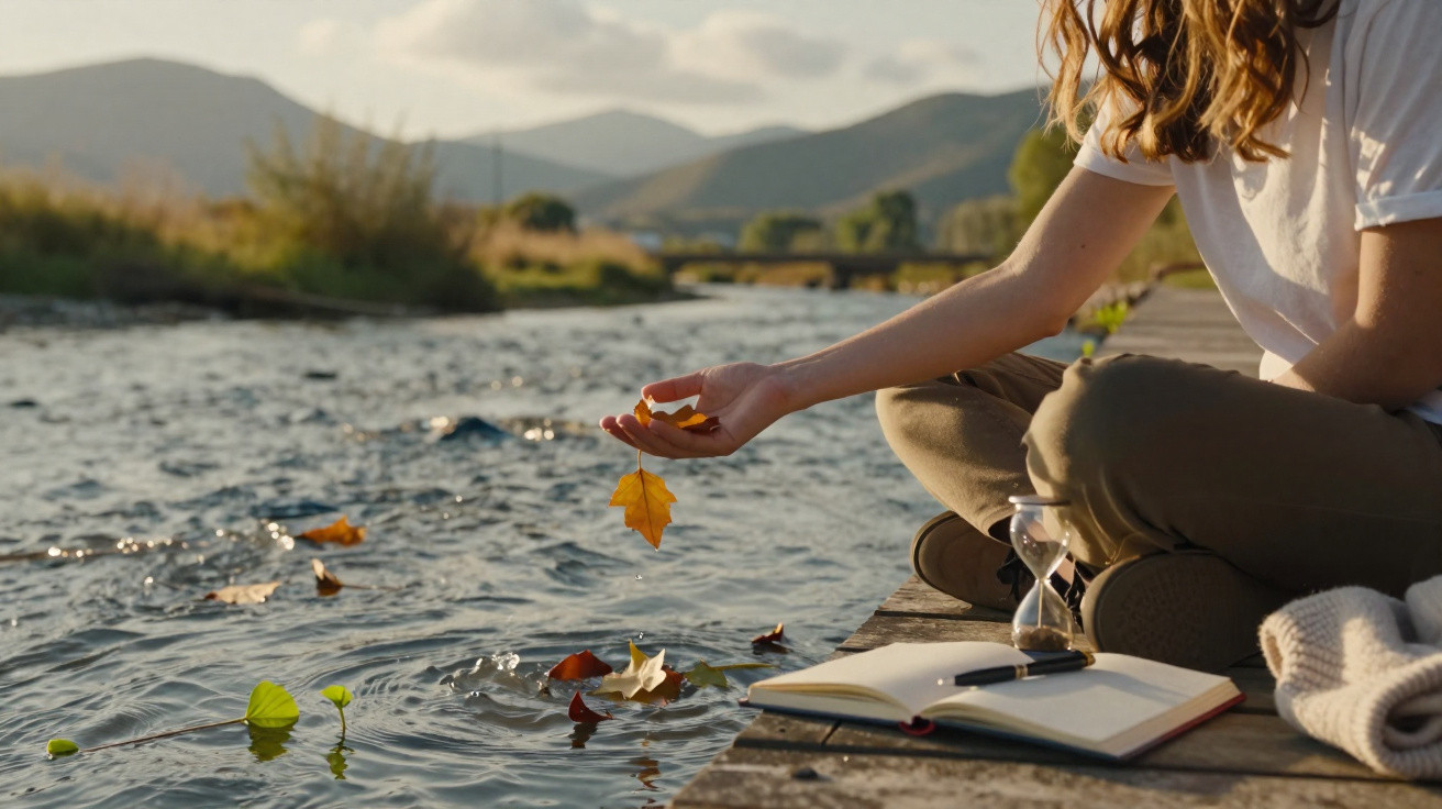 Person sitting by a riverbank, holding a yellow leaf over the water, with an open notebook and hourglass nearby.