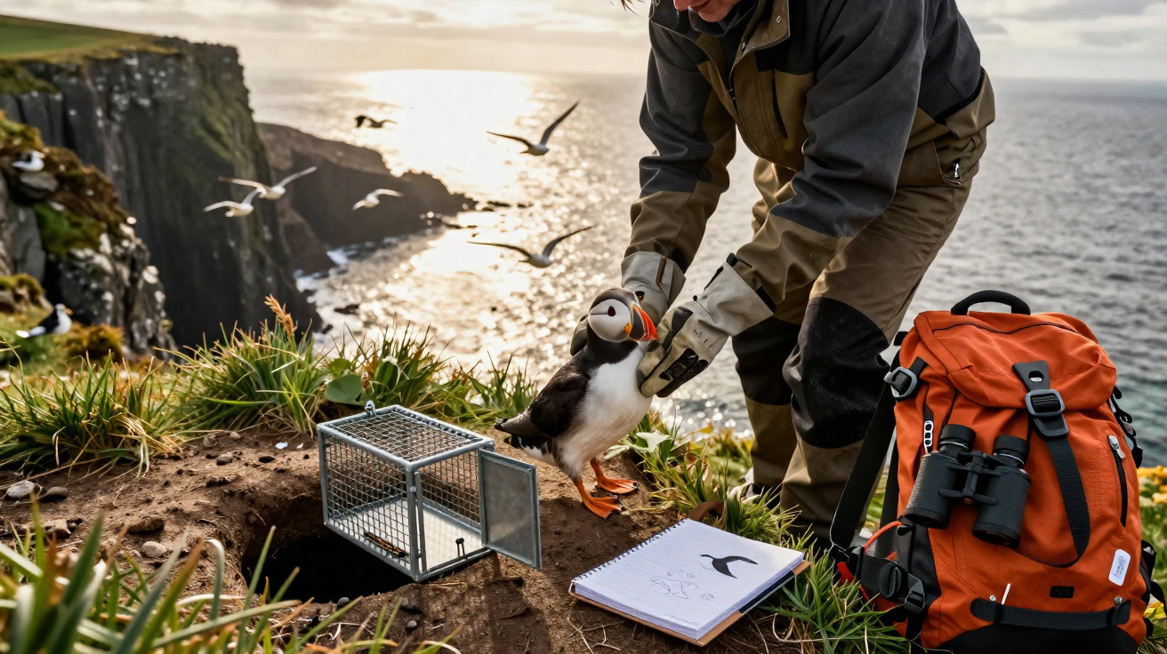 Person releasing a puffin near a coastal cliff with a cage, notebook, and orange backpack on grass.