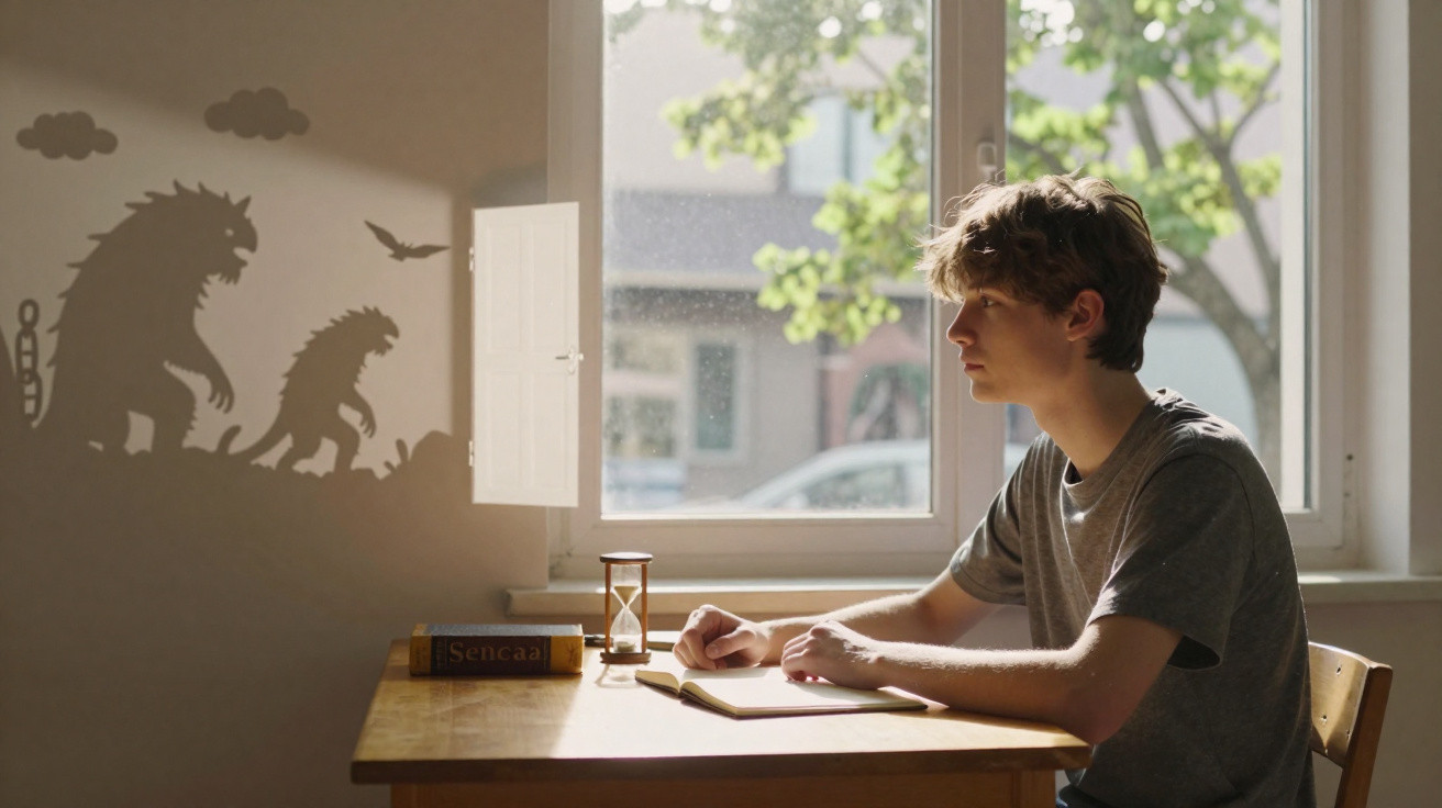 Teenage boy sitting at desk by window with shadows of monsters and dragon on wall behind him