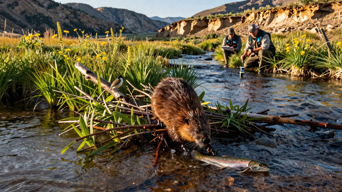Beaver holding a fish on a small dam in a stream with two people observing water in the background.