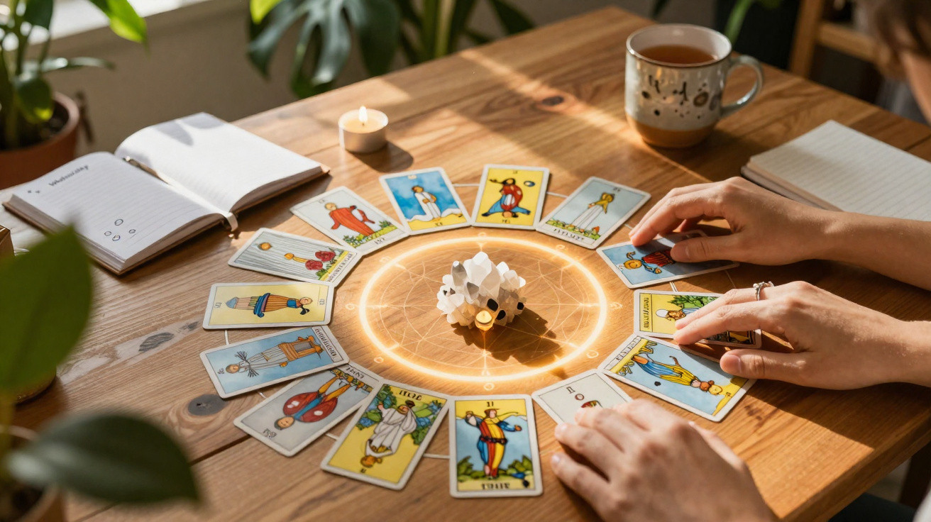 Hands arranging tarot cards in a circle around a glowing crystal on a wooden table with a notebook and tea mug nearby